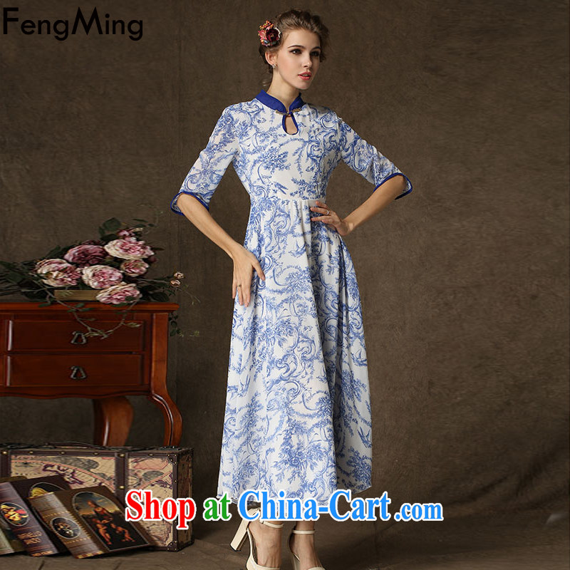 Abundant Ming 2015 spring and summer new, improved cheongsam, the stamp duty Ethnic Wind dresses blue XL, HSBC Ming (FengMing), shopping on the Internet