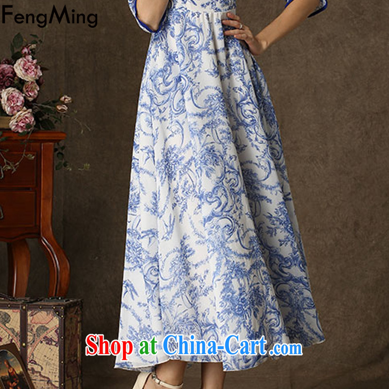 Abundant Ming 2015 spring and summer new, improved cheongsam, the stamp duty Ethnic Wind dresses blue XL, HSBC Ming (FengMing), shopping on the Internet