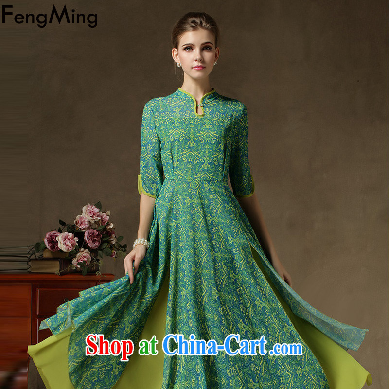 Abundant Ming 2015 spring and summer new improved cheongsam, multi-level multi-chip skirt with snow-woven dresses female Green fake two-piece L