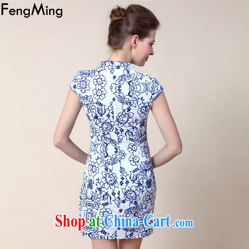Abundant Ming summer 2015 New Classic qipao female Chinese improved blue and white porcelain embossed dresses blue XL, HSBC Ming (FengMing), online shopping
