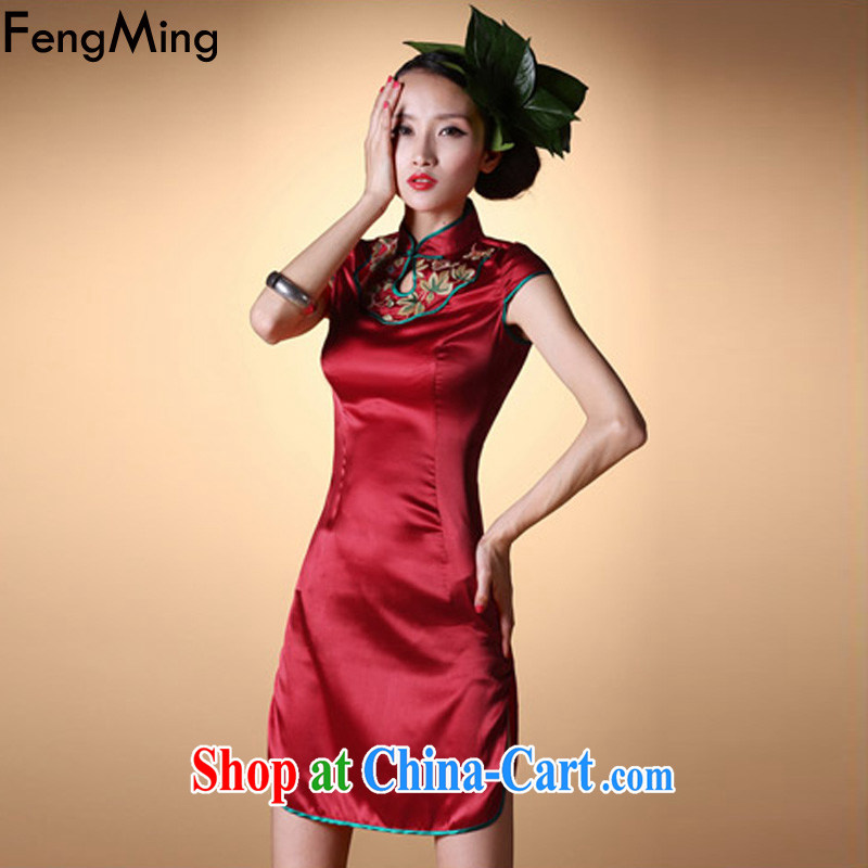 Abundant Ming summer 2015 new retro stretch Satin cheongsam girl, for embroidery dresses red L, HSBC Ming (FengMing), and shopping on the Internet