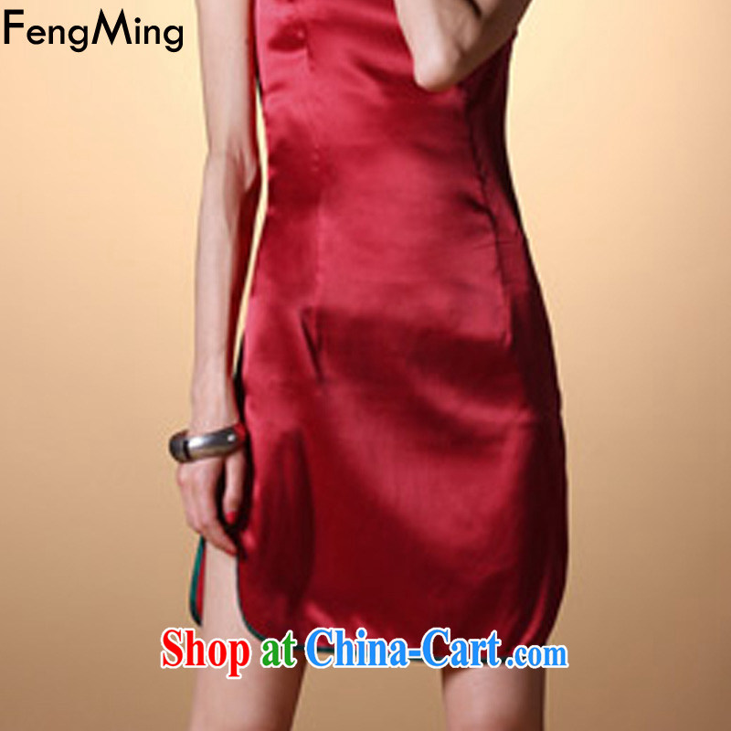 Abundant Ming summer 2015 new retro stretch Satin cheongsam girl, for embroidery dresses red L, HSBC Ming (FengMing), and shopping on the Internet