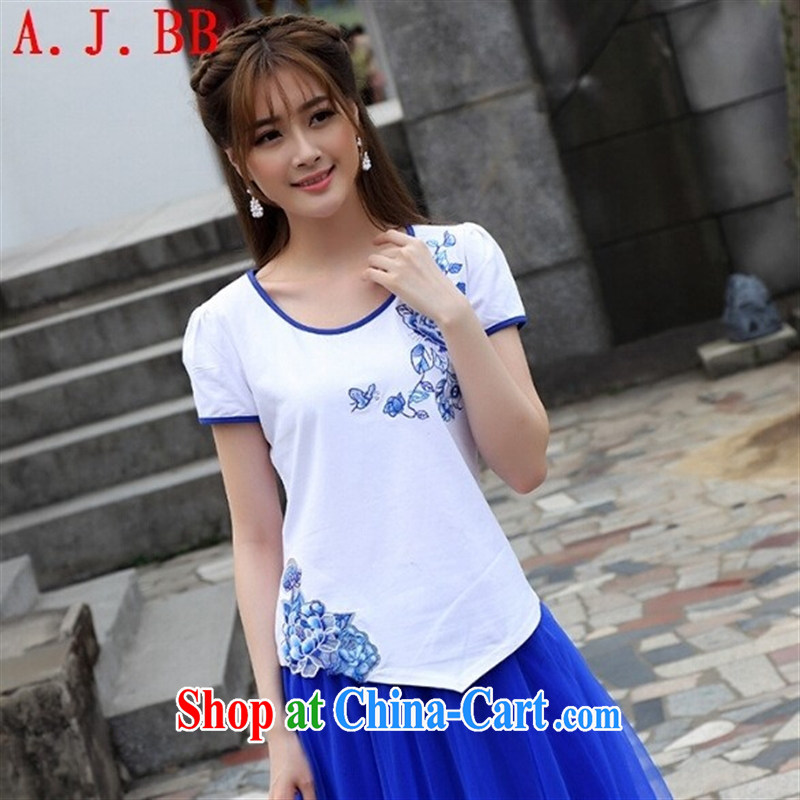 Black butterfly Ethnic Wind embroidery pure cotton bubble short-sleeved shirt T female new shall not rule with cultivating solid T-shirt white 2XL, A . J . BB, shopping on the Internet