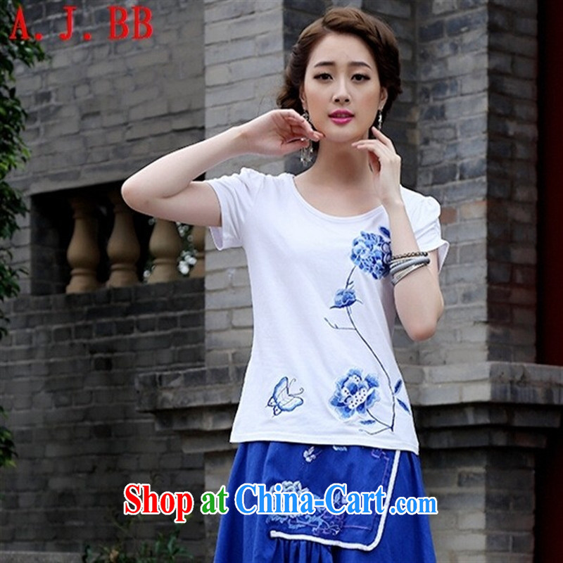 Black butterfly Ethnic Wind 2015 new summer bubble short-sleeve cotton shirt T stylish embroidered round neck ladies shirt solid white 2XL, A . J . BB, and shopping on the Internet
