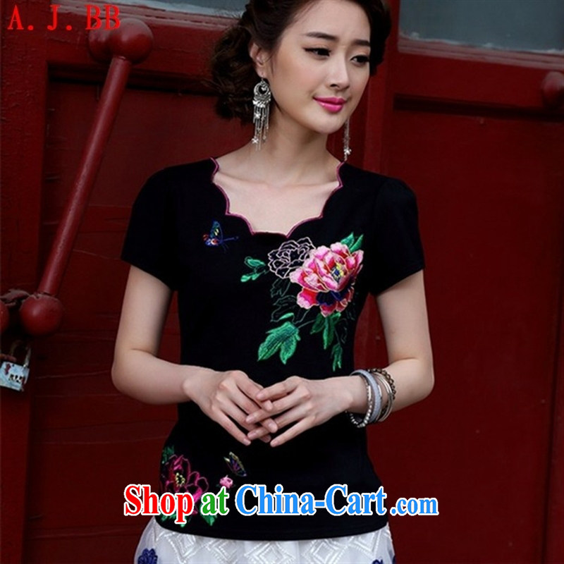 Black butterfly Ethnic Wind summer new stylish embroidered short sleeves shirt T lace collar cultivating blouses white 2XL, A . J . BB, shopping on the Internet