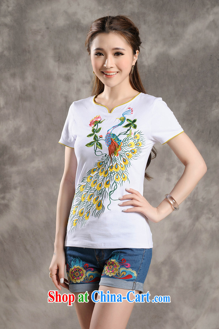 Black butterfly Ethnic Wind new Peacock embroidery small V for cultivating short-sleeved T shirt pure cotton dress shirt solid white 2XL pictures, price, brand platters! Elections are good character, the national distribution, so why buy now enjoy more preferential! Health
