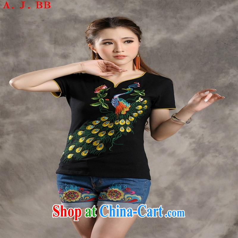 Black butterfly Ethnic Wind new Peacock embroidery small V for cultivating a short-sleeved shirt T pure cotton dress shirt solid white 2XL, A . J . BB, shopping on the Internet