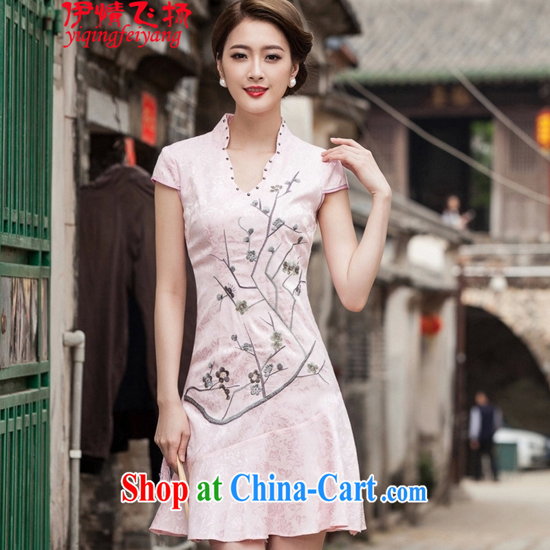Red shinny 2015 summer new short-sleeve V collar embroidered Phillips nails Pearl crowsfoot skirt with embroidery short cheongsam C C 518 1123 red S