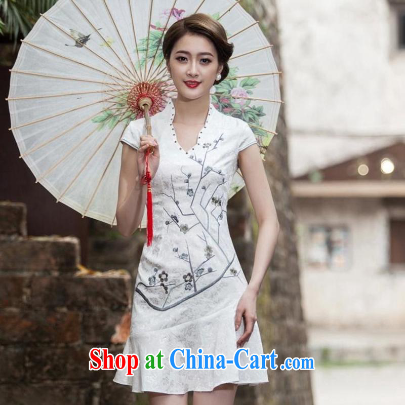 The red shinny 2015 summer new, short-sleeved V collar embroidered Phillips nails Pearl crowsfoot skirt with embroidery short cheongsam C C 518 1123 red S clothing, edge, I, on-line shopping