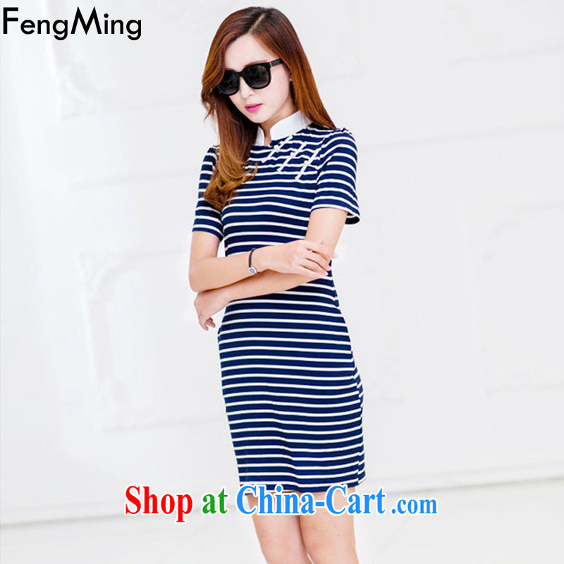 Abundant Ming the European site summer 2015 new A-mouth coin cheongsam girl streaks cocoon-dress dark blue L, HSBC Ming (FengMing), online shopping