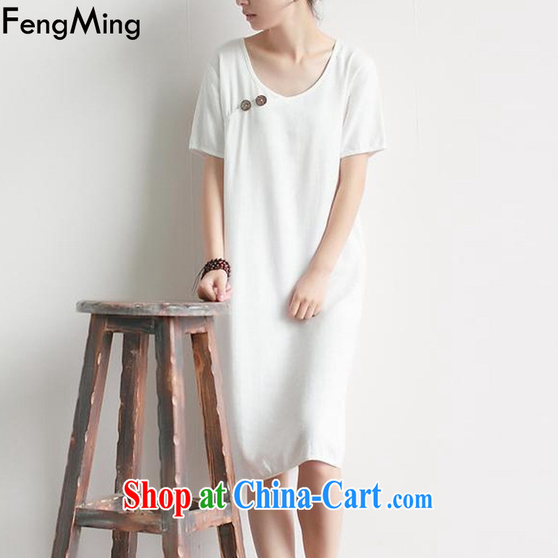 Abundant Ming summer 2015 New Sum girl, Retro arts relaxed linen dresses girls short sleeved dresses white L