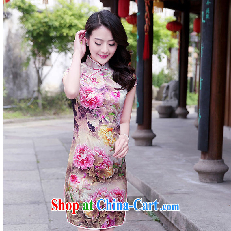 The female 2015 summer new improved stylish heavy Silk Cheongsam retro sauna Silk Cheongsam dress 1520 pink Peony M