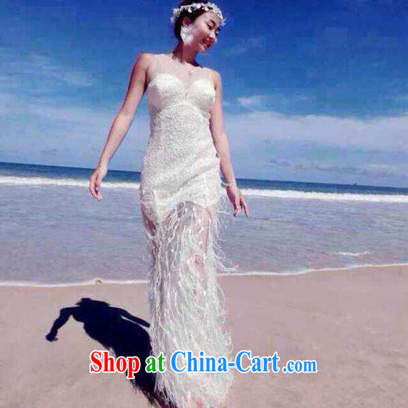 2015 new staples Mary Magdalene Pearl chest stitching feather Web yarn beauty dress long skirt B - 522-1, 8706 white M, Su-li-fen (xiulifen), online shopping