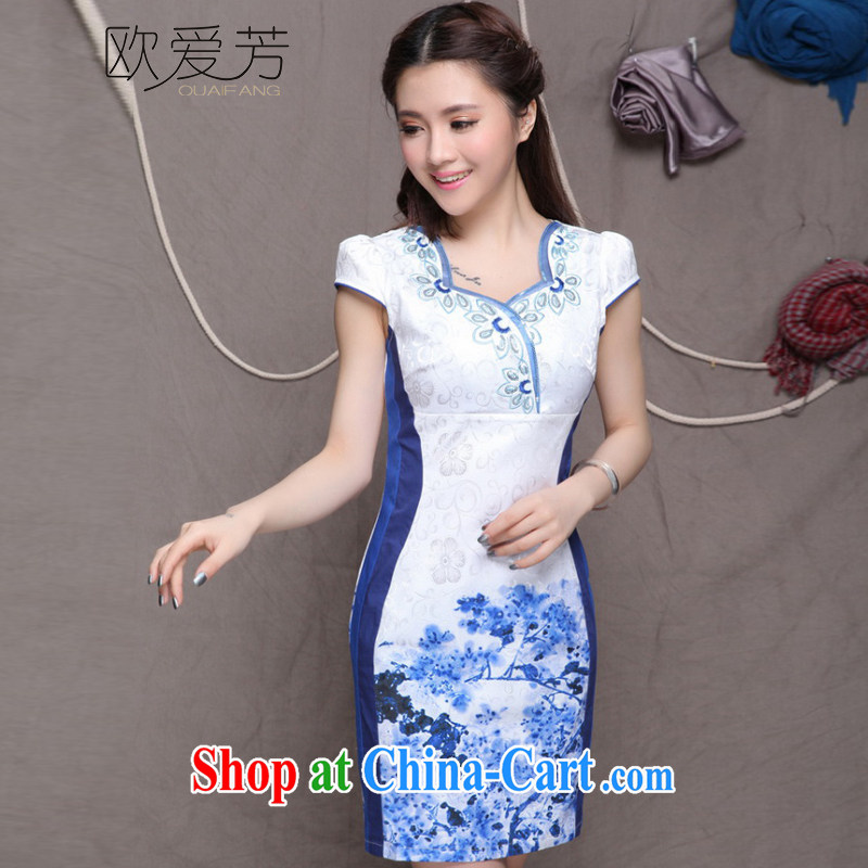 The Oi-fong Chinese wind graphics thin cheongsam dress embroidered high-end ethnic wind stylish Chinese qipao dress summer blue M, Oi-fong, shopping on the Internet