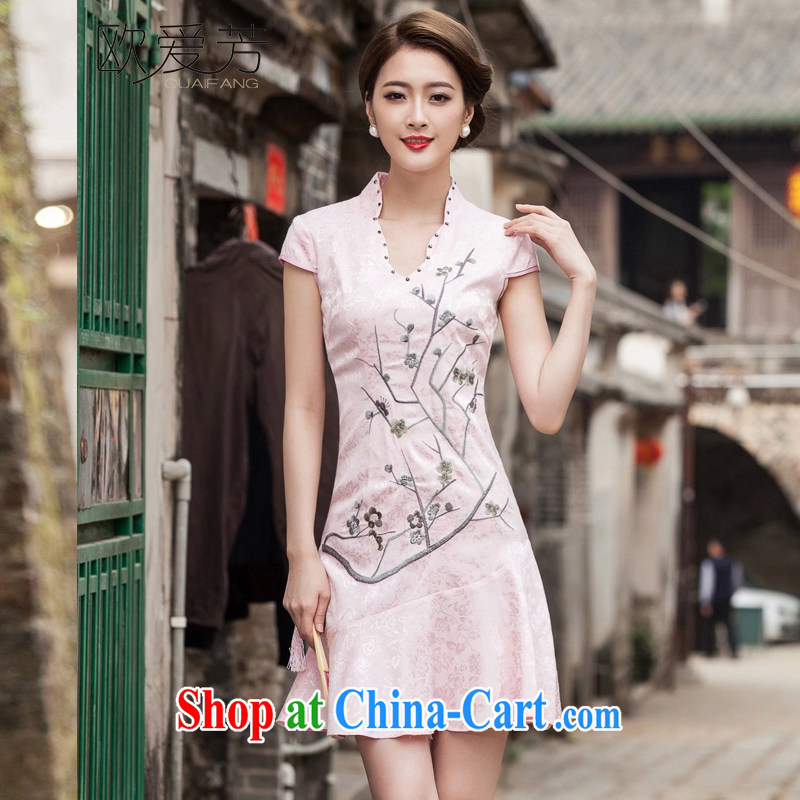 The Oi-fong 2015 spring and summer new short-sleeved V collar embroidered Phillips nails Pearl crowsfoot skirt with embroidery short cheongsam white XL, the love, and shopping on the Internet