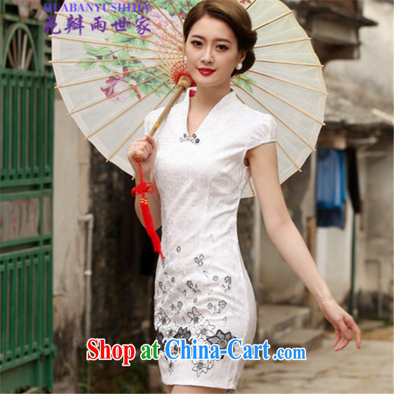 Petals rain family 2015 summer retro short cheongsam dress, 518 - 1120 - 42 white XL