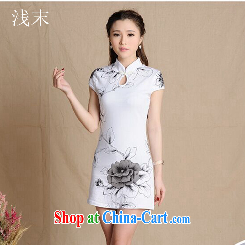 Light (at the end QIAN MO) Ethnic Wind female new cotton water ink stamp retro beauty short-sleeved qipao L 5907 white XXL, light (at the end QM), online shopping