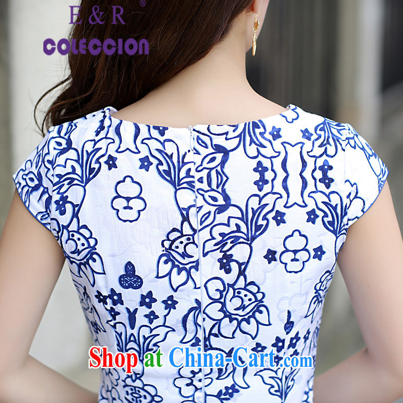 Summer 2015 New Women Fashion improved cheongsam blue and white porcelain dresses short dresses retro style light blue XL