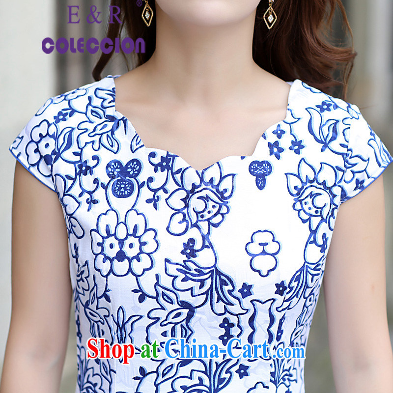 Summer 2015 New Women Fashion improved cheongsam blue and white porcelain dresses short dresses retro style light blue XL, E &R COLECCION, shopping on the Internet