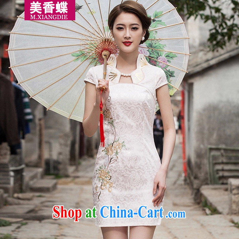 US-Hong Kong butterfly 2015 summer new stylish improved cheongsam dress daily video thin beauty short dress apricot XL