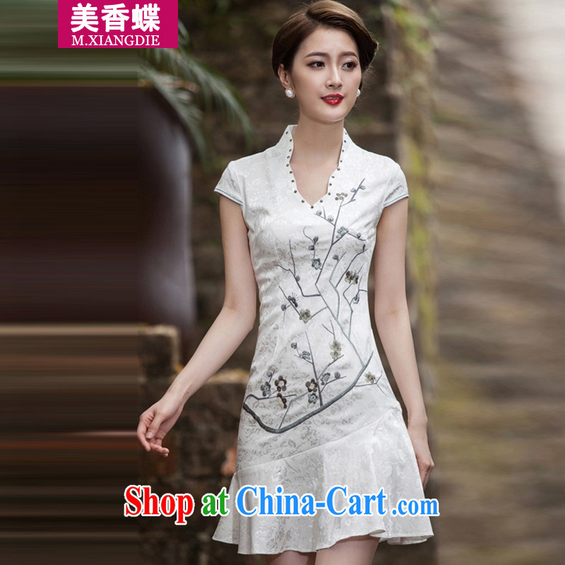 US-Hong Kong butterfly 2015 summer new short-sleeved V collar embroidered pin Pearl crowsfoot skirt with embroidery short cheongsam dress white XL, the United States and Hong Kong Butterfly (MEIXIANGDIE), online shopping