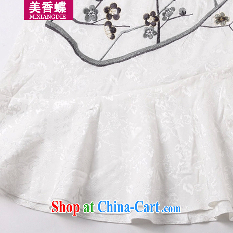 US-Hong Kong butterfly 2015 summer new short-sleeved V collar embroidered pin Pearl crowsfoot skirt with embroidery short cheongsam dress white XL, the United States and Hong Kong Butterfly (MEIXIANGDIE), online shopping
