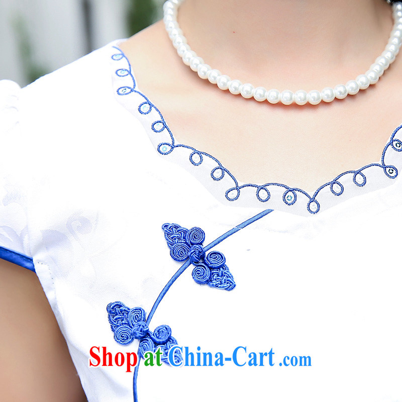 Min booth 2015 new embroidery stamp blue and white porcelain cheongsam dress girls summer improved daily short skirt video thin further skirt blue rose M, Min-ting, and shopping on the Internet