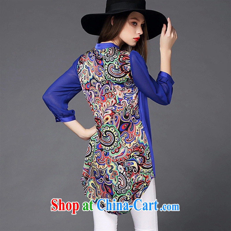Ya-ting store summer 2015 new European site female round-neck collar 7 cuff hit back-stamp duty has been the United States and Europe long T-shirt, blue XXXL, blue rain bow, and, shopping on the Internet