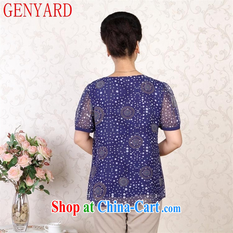 Qin Qing SHOP NEW summer middle-aged and older T pension middle-aged female sauna silk large code mom with stamp duty short sleeve cuffs in female blue dot XXXL, GENYARD, shopping on the Internet
