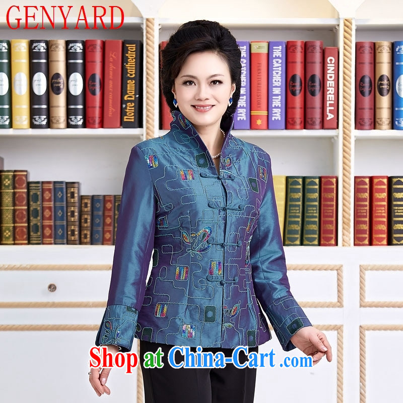 Qin Qing store new spring loaded female Chinese National wind long-sleeved embroidered Chinese style Chinese restaurant, Ms. T-shirt blue XXXL, GENYARD, shopping on the Internet
