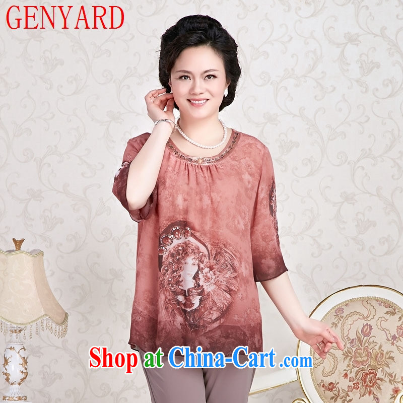 Qin Qing store sauna silk hand-painted T-shirt, older women summer with mom long-sleeved T-shirt short-sleeved red XXXL, GENYARD, shopping on the Internet