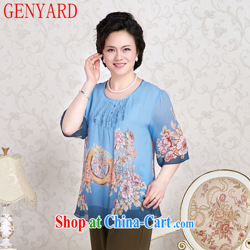 Qin Qing store sauna silk hand-painted T-shirt, older women summer with mom long-sleeved T-shirt half sleeve blue XXXL, GENYARD, shopping on the Internet