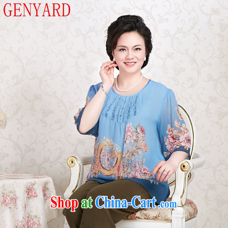 Qin Qing store sauna silk hand-painted T-shirt, older women summer with mom long-sleeved T-shirt half sleeve blue XXXL, GENYARD, shopping on the Internet
