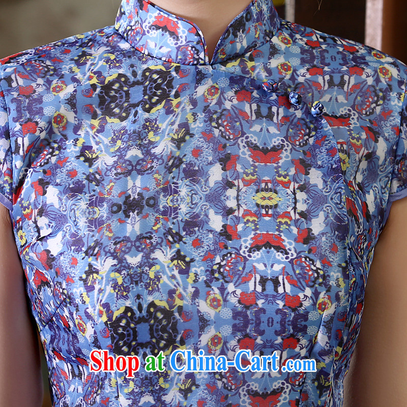 Morning dresses, new summer retro short improved stylish Chinese qipao T-shirt short-sleeved European root yarn embroidered blue XXL, morning land, shopping on the Internet