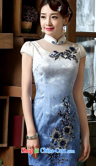 Morning dresses, new summer retro short improved stylish Chinese qipao gradient blue three-dimensional flower embroidery light blue XXL pictures, price, brand platters! Elections are good character, the national distribution, so why buy now enjoy more preferential! Health