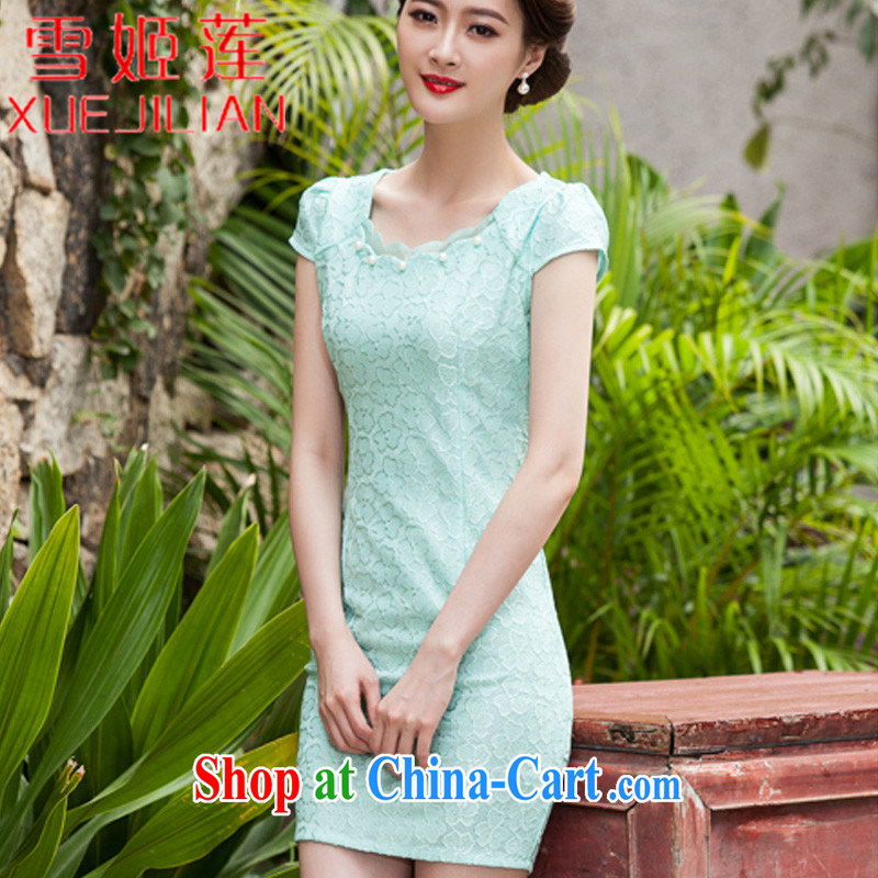 Hsueh-Chi Lin Nunnery 2015 spring and summer new, lace dresses and stylish beauty dress Openwork hook flower _1106 Lake blue XL