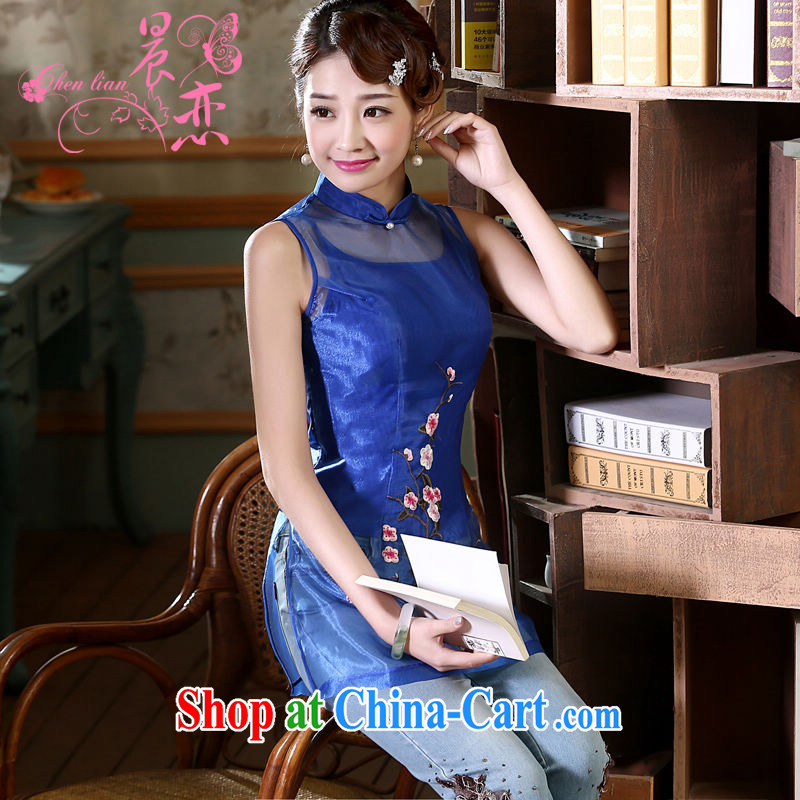 Morning dresses, new summer retro short improved stylish Chinese qipao shirt short-sleeved European root yarn embroidered blue XXL