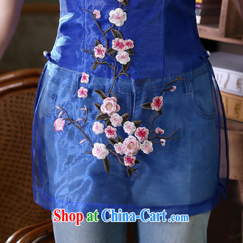 Morning dresses, new summer retro short improved stylish Chinese qipao T-shirt short-sleeved European root yarn embroidered blue XXL, morning land, shopping on the Internet