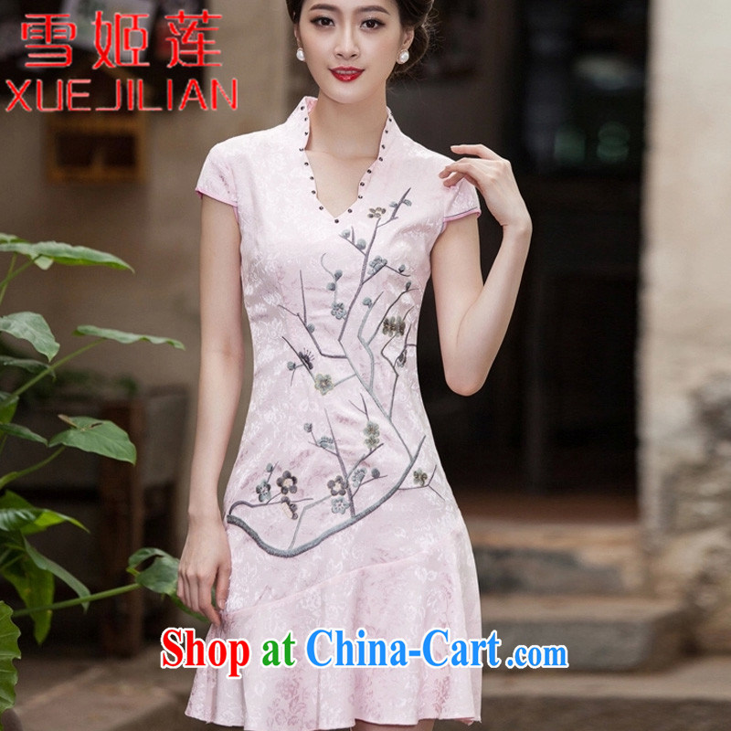 Hsueh-Chi Lin Nunnery 2015 spring and summer new short-sleeved V collar embroidered Phillips nails Pearl crowsfoot skirt with embroidery short dresses #1123 white XL, Hsueh-chi Lin (XUEJILIAN), online shopping