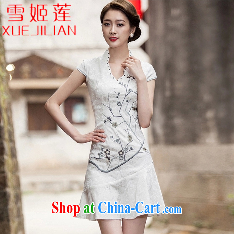 Hsueh-Chi Lin Nunnery 2015 spring and summer new short-sleeved V collar embroidered Phillips nails Pearl crowsfoot skirt with embroidery short dresses #1123 white XL, Hsueh-chi Lin (XUEJILIAN), online shopping