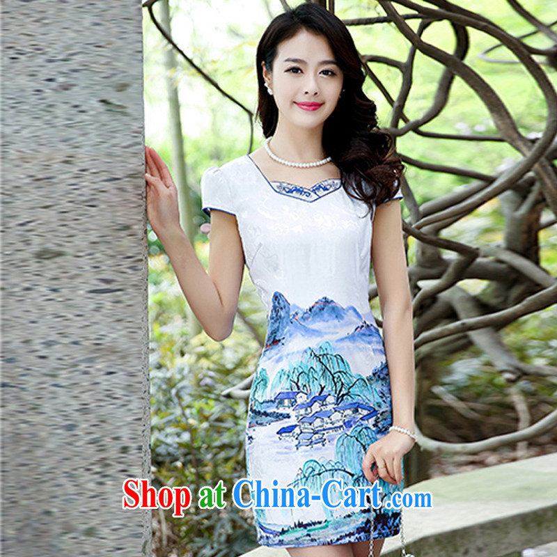 UYUK summer 2015, new China wind stamp ink beauty landscape improved and refined beauty short sleeve cheongsam dress blue XXL, Yi, with (UYUK), shopping on the Internet