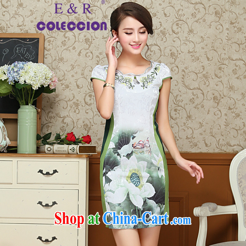 Refined and stylish 2015 spring and summer New Beauty video thin short, short-sleeved improved cheongsam dress green XXL, E &R COLECCION, shopping on the Internet