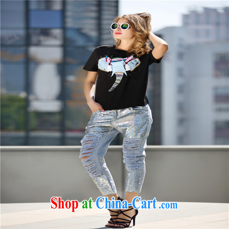 Ya-ting store A 4991 Europe the Summer 2015 new female animal elephant pattern on the surface, the short-sleeved shirt T L white, blue rain bow, and shopping on the Internet