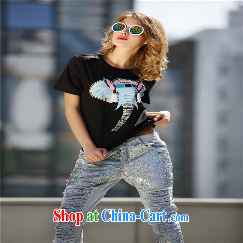 Ya-ting store A 4991 Europe the Summer 2015 new female animal elephant pattern on the surface, the short-sleeved shirt T L white, blue rain bow, and shopping on the Internet