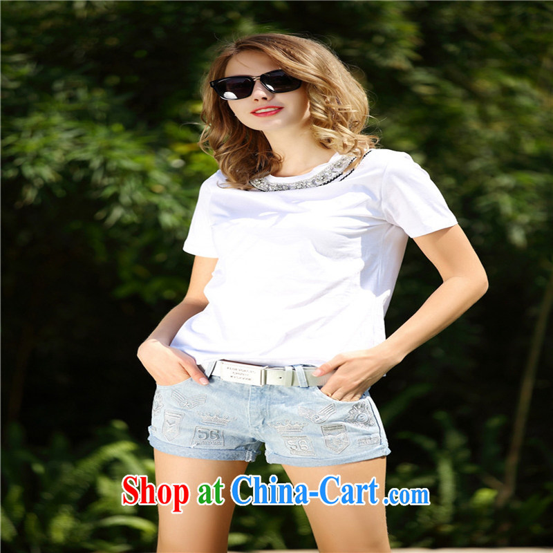 Ya-ting A store 4986 in Europe and the 2015 summer new female casual stylish round-collar embroidery parquet drill short-sleeved shirt T female white L, blue rain bow, and shopping on the Internet