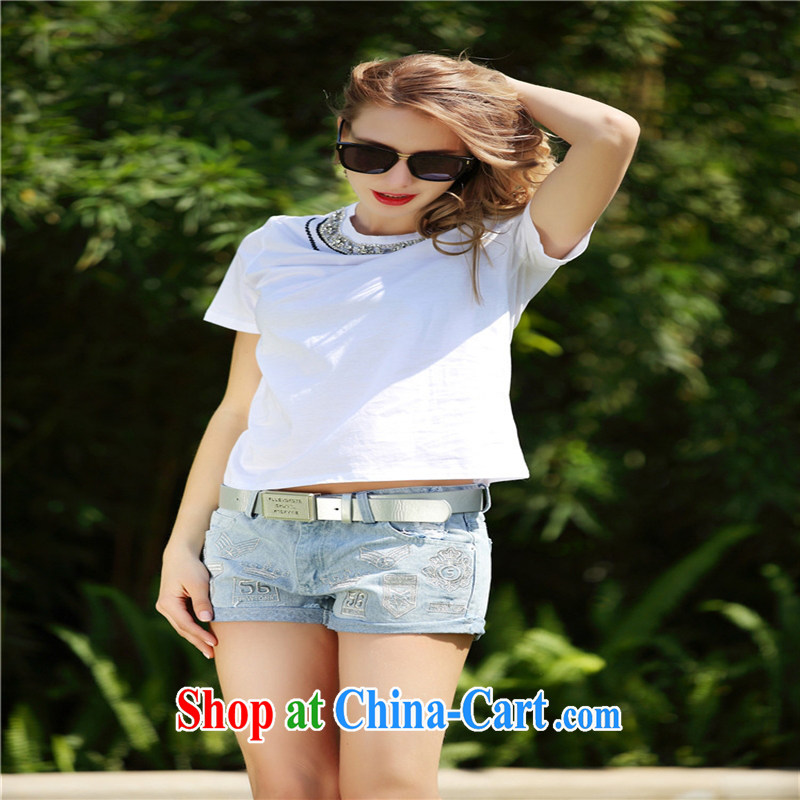Ya-ting A store 4986 in Europe and the 2015 summer new female casual stylish round-collar embroidery parquet drill short-sleeved shirt T female white L, blue rain bow, and shopping on the Internet