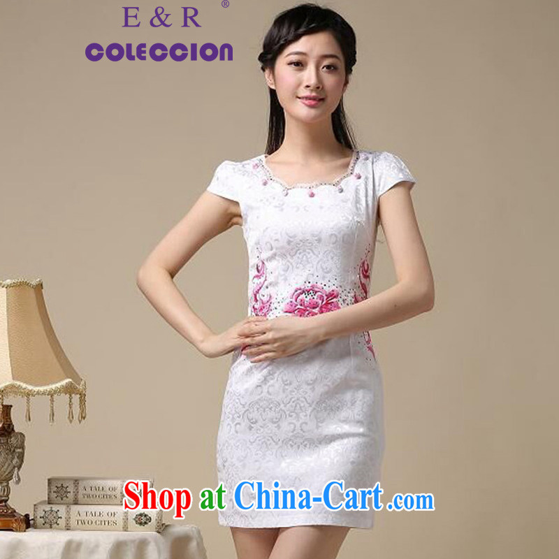 Summer 2015 New Style Fashion Chinese round collar low collar embroidery flower damask cheongsam sexy cheongsam dress saffron XXL