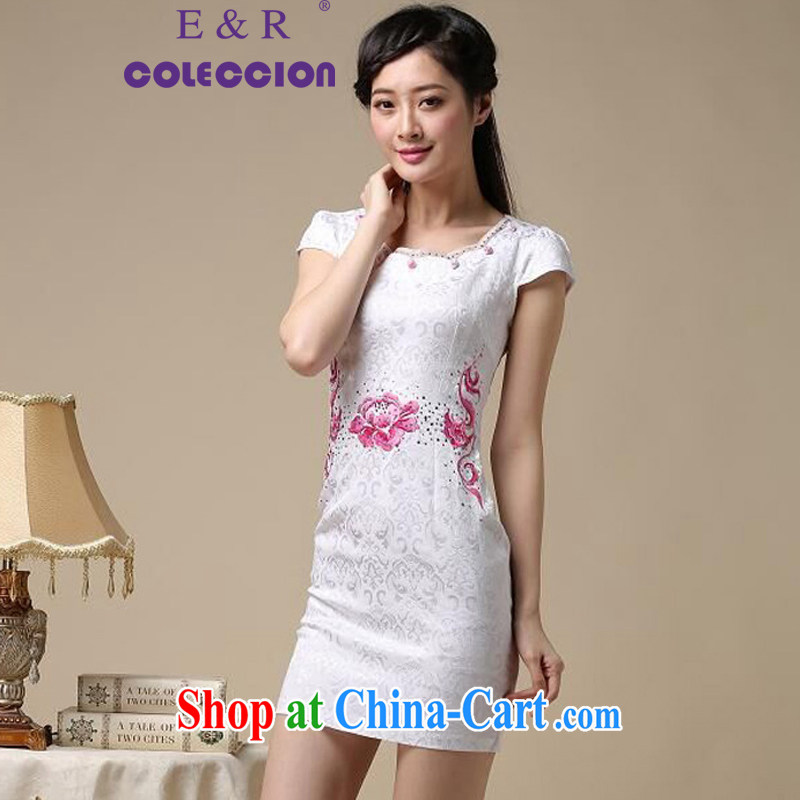 Summer 2015 New Style Fashion Chinese round-neck collar low collar embroidery flower damask cheongsam sexy cheongsam dress saffron XXL, E &R COLECCION, shopping on the Internet