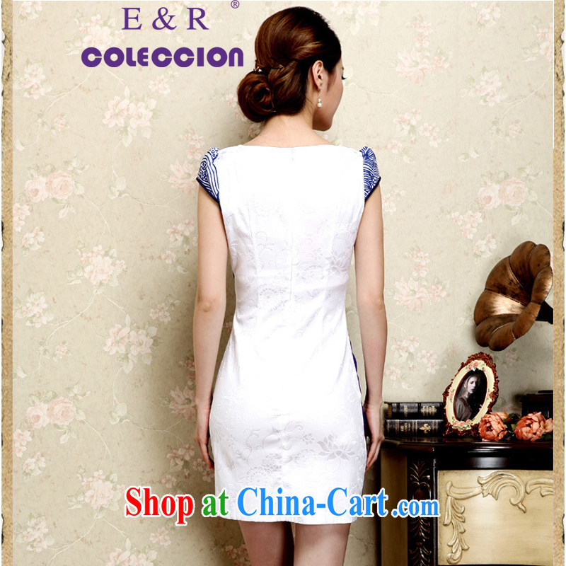 High-end cheongsam dress 2015 spring and summer new daily improved stamp retro here porcelain short sleeve cheongsam dress blue XXL, E &R COLECCION, shopping on the Internet