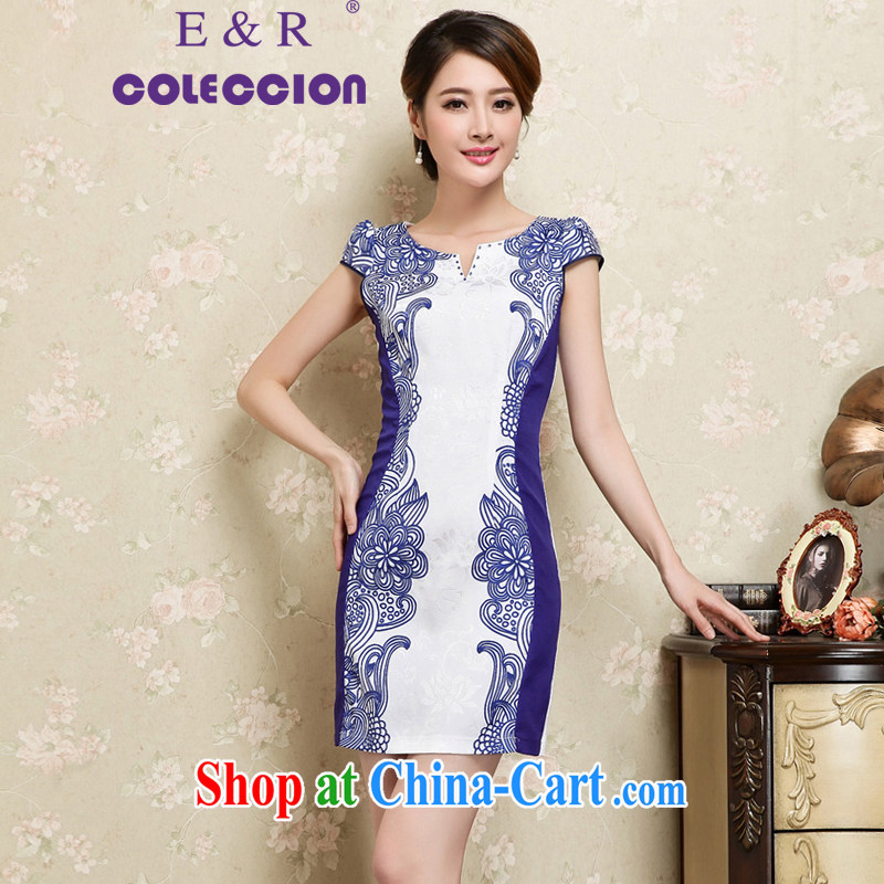 High-end cheongsam dress 2015 spring and summer new daily improved stamp retro here porcelain short sleeve cheongsam dress blue XXL, E &R COLECCION, shopping on the Internet